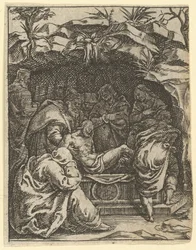 La Vierge des Douleurs : La Mise au tombeau, un des neuf compartiments environnants, vers 1575