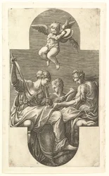 Trois Muses et un Putto avec des cymbales, une composition cruciforme, d
