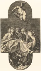 Trois Muses et un putto au-dessus avec une lyre, d