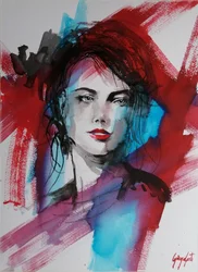 Portrait expressif en rouge et bleu