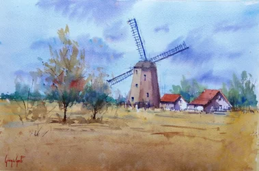 Paysage avec moulin à vent rustique