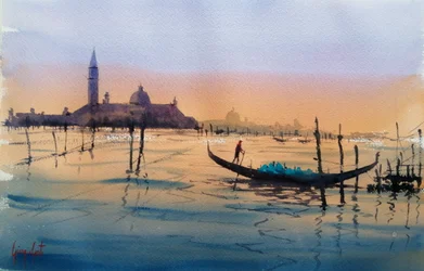 Coucher de soleil sur les gondoles de Venise