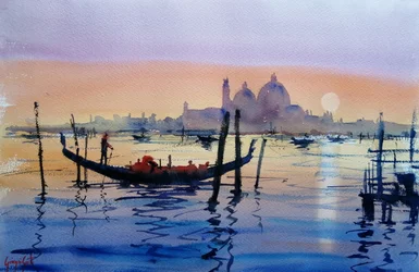 Coucher de soleil sur les gondoles de Venise