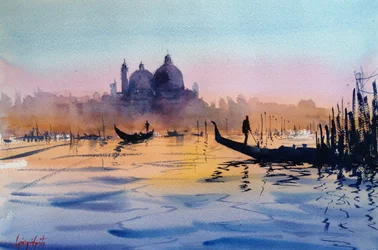 Gondoles au coucher du soleil à Venise