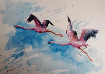 Vol de flamants roses aux couleurs vives