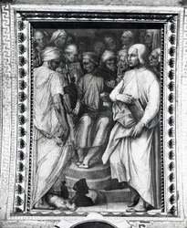 Cosimo de Medici assis parmi les philosophes et artistes dans la Sala di Cosimo il Vecchio