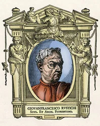 Portrait de Giovan Francesco RUSTICI (1474 - 1554) sculpteur et architecte italien. Gravure du traité « Vies des plus excellents peintres, sculpteurs et architectes » (Le Vite de