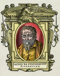 Portrait de Jacopo (Iacopo) Carrucci dit il Pontormo (Pontormo) (1494-1556) peintre italien. Gravure du traité « Vies des plus excellents peintres, sculpteurs et architectes » (Le Vite de