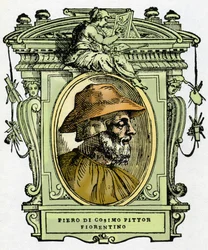 Portrait de Piero di Cosimo (vers 1462-1521?), peintre florentin. Gravure du traité « Vies des plus excellents peintres, sculpteurs et architectes » (Le Vite de