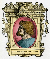 Portrait de Vittore Carpaccio (1460-1526) peintre vénitien. Gravure du traité Vies des plus excellents peintres, sculpteurs et architectes (Le Vite de