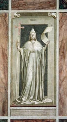 Foi, figure féminine tenant la Croix et un rouleau symbole de la Vérité Révélée, tout en détruisant une idole et en se tenant sur des symboles de la Kabbale, par Giotto, cycle de fresques Les Vices et Vertus, après restauration, Chapelle Scrovegni, Padoue,