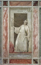 Infidélité (aussi appelée Idolâtrie), figure masculine se détournant de Dieu et tenant une idole qui le maintient attaché au cou, par Giotto, détail du cycle de fresques Les Vices et les Vertus, après restauration, chapelle des Scrovegni, Padoue, Vénétie