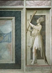 Folie, figure masculine à la bouche fermée par un cadenas, une massue dans la main droite et la tête couverte de plumes et d