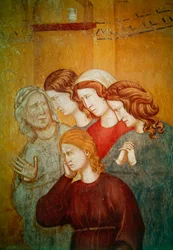 Saint François ressuscite la femme non expiée pour faciliter sa confession, (détail) du groupe de femmes à droite, vers 1297-99