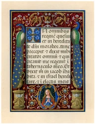 Page de texte avec la Vierge et deux paons, vers 1490.