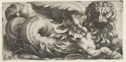 Lion de mer ailé avec crinière ondulée et barbe (Frises avec monstres marins)
