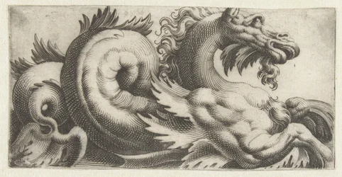 Hippocampe avec nageoires en forme de feuilles et une barbiche (Frises avec monstres marins)