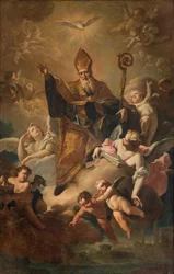Transept sud, Autel de San Benedetto, Saint Benoît en gloire bénissant la ville, Retable par Giovanni Angelo Borroni, Saint Benoît en gloire bénissant la ville 1744