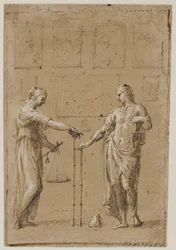 Un homme et une femme en costumes antiques, chacun avec des balances et une règle, devant un mur avec des peintures. Une bourse sur le sol devant l