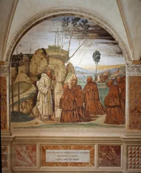 Comment Benoît répond à la prière des ermites et accepte de devenir leur guide. Fresque du cloître réalisée par Antonio Bazzi, dit il Sodoma (1477-1549), racontant la vie de saint Benoît de Nursie (480-567), fondateur de l
