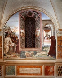 Comment un prêtre a apporté de la nourriture à Benoît à Pâques - Fresque du cloître réalisée par Antonio Bazzi dit il Sodoma (1477 - 1549) racontant la vie de Saint Benoît de Nursie (480 - 567) fondateur de l