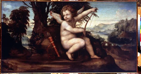 Paysage avec Cupidon. Peinture de Giovanni Antonio Bazzi, dit Le Sodoma (1477-1549)