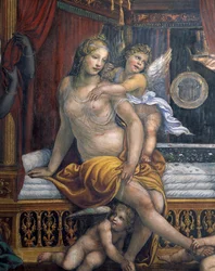 La Sala delle Nozze di Alessandro e Rossana (détail) de Roxane assise sur son lit