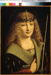Portrait de jeune garçon en saint Sébastien tenant une flèche