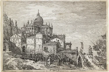 Paysage avec une église, des maisons et un moulin