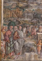 Saint Antoine arrivant à Padoue, où il rétablit la paix entre les citoyens par la force et la douceur de sa prédication, École du Saint (détail)