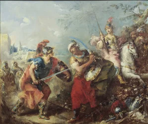 Le combat entre Tancrède et Argante avec Clorinda en arrière-plan