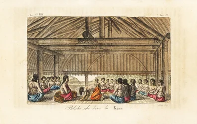 Le roi Polaho buvant du kava dans une maison longue, Tonga (Îles Amies). Gravure sur cuivre coloriée à la main par Sasso d