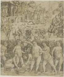 Sept cupidons avec deux béliers dans un paysage