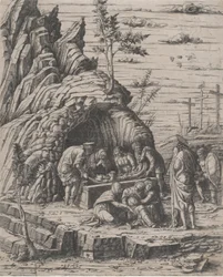 La Mise au tombeau du Christ qui est descendu par deux hommes dans un tombeau de pierre, vers 1470-1500