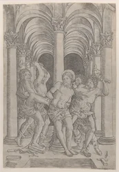 La Flagellation du Christ attaché à une colonne au centre dans une arcade, 1509