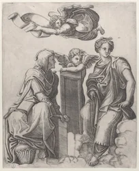 Deux figures féminines assises dans les nuages entourant un ange et un autre volant au-dessus, ca. 1510-25
