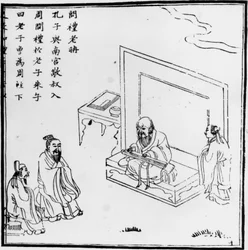 Lao Tseu rencontrant Confucius. Gravure chinoise. s.d.