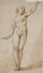 Femme nue debout levant le bras gauche