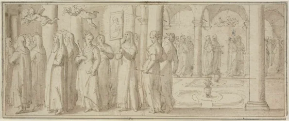 Procession de nonnes et novices honorant un saint homme