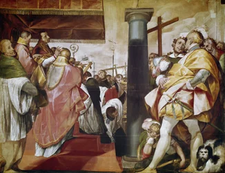 Quadroni de San Carlo : épisode de la vie de Saint Charles Borromée (1538-1584) : érection de la croix à Milan. Peinture de Cerano (Giovan Battista Crespi)
