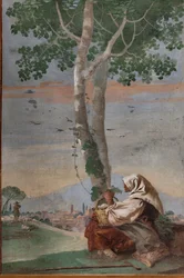 Vieille paysanne avec un panier d