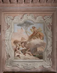 Palazzina : vue de la quatrième salle ou de Torquato Tasso, avec fresques représentant des épisodes de "Jérusalem délivrée" : "La sorcière Armida voit Rinaldo, qui dort, et tombe amoureuse de lui"