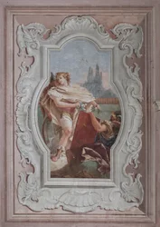 Palazzina : vue de la quatrième salle ou de Torquato Tasso, avec fresques représentant des épisodes de "Jérusalem délivrée" : "Les compagnons tiennent le miroir devant Rinaldo"