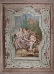 Palazzina : vue de la quatrième salle ou de Torquato Tasso, avec fresques représentant des épisodes de "Jérusalem délivrée" : "Rinaldo et Armida dans le jardin enchanté, secrètement observés par Ubaldo et Carlo"