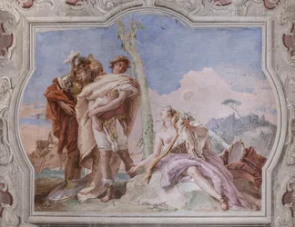Palazzina : vue de la quatrième salle ou de Torquato Tasso, avec fresques représentant des épisodes de "Jérusalem délivrée" : "Rinaldo, escorté par Ubaldo et Carlo, abandonne Armida"