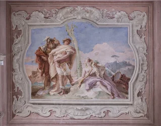 Palazzina : vue de la quatrième salle ou de Torquato Tasso, avec fresques représentant des épisodes de "Jérusalem délivrée" : "Rinaldo, escorté par Ubaldo et Carlo, abandonne Armida"