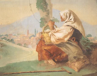 Paysage avec paysan et vieil homme assis, tête couverte par un homme ensanglanté cachant son visage