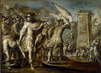 Première croisade : « Le condottiere génois Guglielmo Embriaco lors de la prise de Jérusalem » - peinture monochrome de Giovanni Battista Carlone