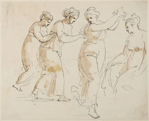 Une nymphe assise et trois nymphes dansantes