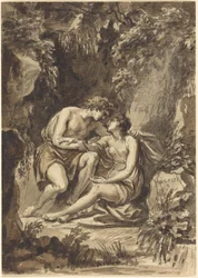 Angelica et Medoro (plume et encre noire avec lavis brun et gris sur graphite sur papier vergé ; au verso, dessin de quatre cercles concentriques entourant une couronne de laurier dessiné au verso à la plume et à l